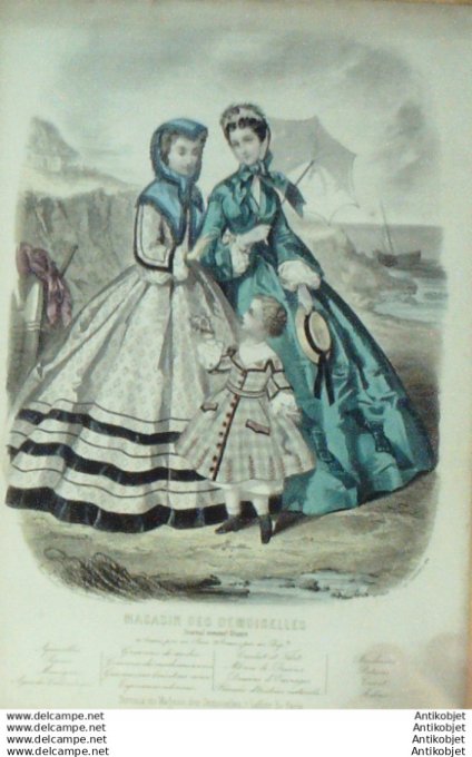 Gravure Mode Magasin Demoiselles 1862 #  9 (aquarellee Old Fashion plate)