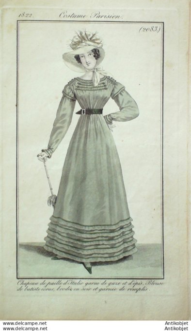 Gravure de mode Costume Parisien 1822 n°2083 Blouse de bastiste écrue