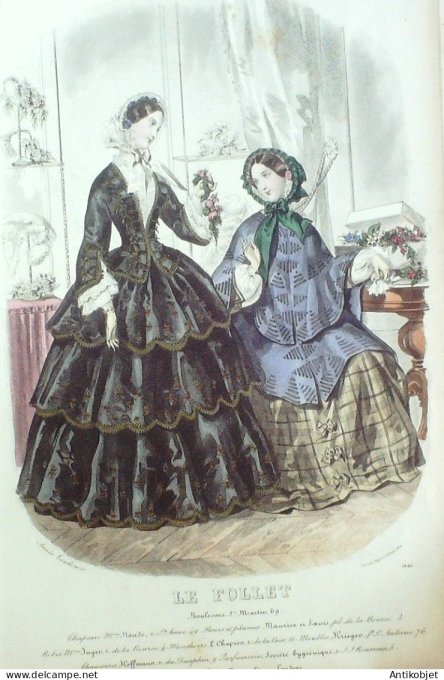 Gravure Mode Le Follet 1853 # 1845 (aquarelle Old Fashion plate)
