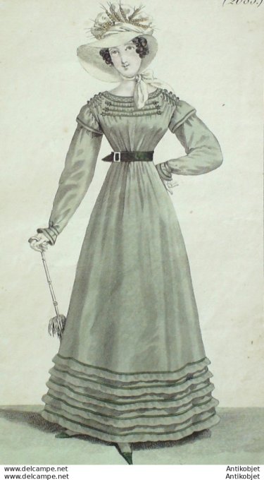 Gravure de mode Costume Parisien 1822 n°2083 Blouse de bastiste écrue