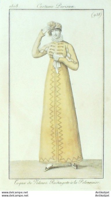 Gravure de mode Costume Parisien 1808 n° 938 Redingote à la Polonnaise