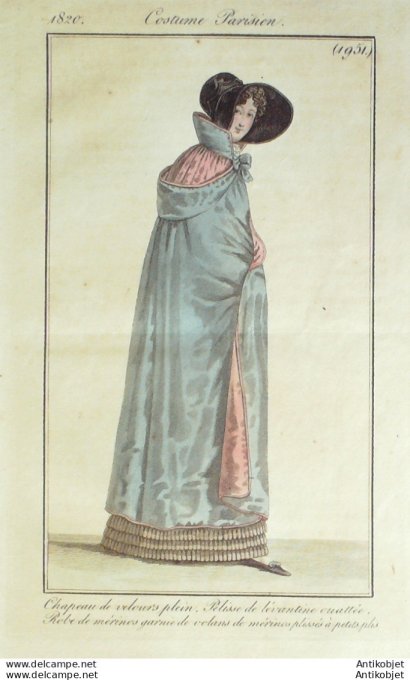 Gravure de mode Costume Parisien 1820 n°1951 Pelisse de Lévantine ouattée