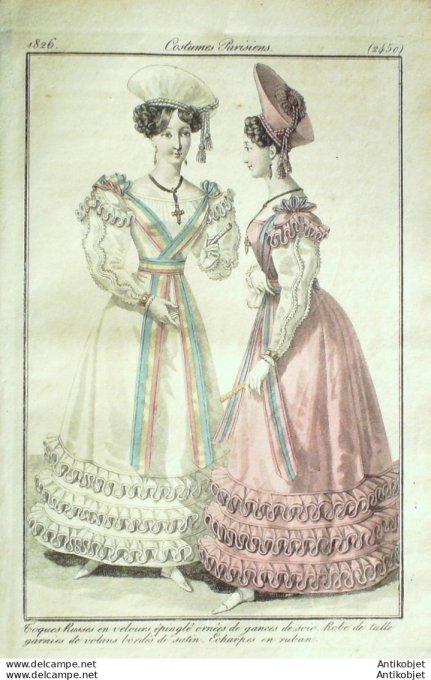 Gravure de mode Costume Parisien 1826 n°2450 Robes de tulle garnies de volants Toques russes