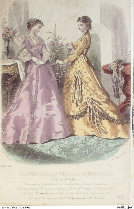 Gravure Mode Conseiller des Dames 1867 # 10 (aquarellee Old Fashion plate)