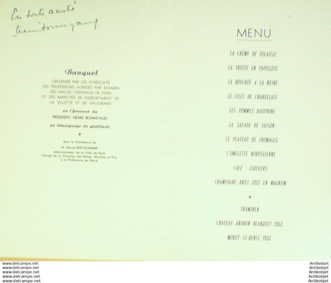 Menu Banquet du Pavillon Dauphine 1957 Henri Bonniaud dedicace