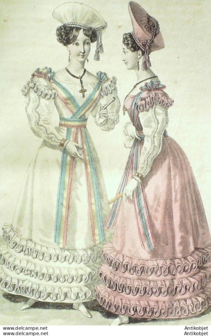 Gravure de mode Costume Parisien 1826 n°2450 Robes de tulle garnies de volants Toques russes