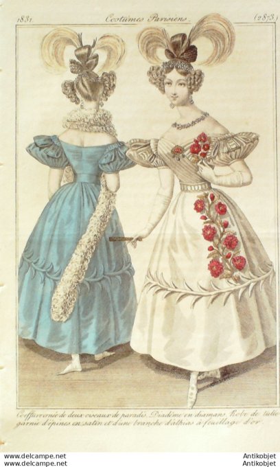 Gravure de mode Costume Parisien 1831 n°2873 Robe de tulle garnie d'épines