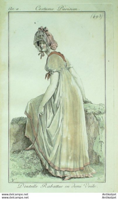 Gravure de mode Costume Parisien 1803 n° 493 (An 11) Dentelle en demi voile