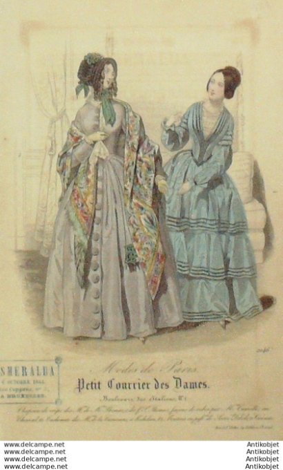 Gravure Mode Courrier des Dames 1844 # 2046 (eau forte old Fashion plate)