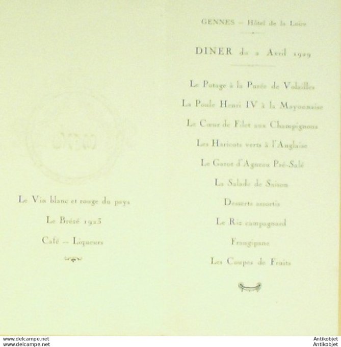 Menu Hôtel de La Loire (49) 1929