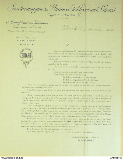 Lettre Ciale Etbs Girard (Manufactures Indiennes) 1906 à Deville (08)