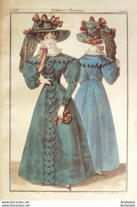 Gravure de mode Costume Parisien 1826 n°2449 Robes cot pali & velours