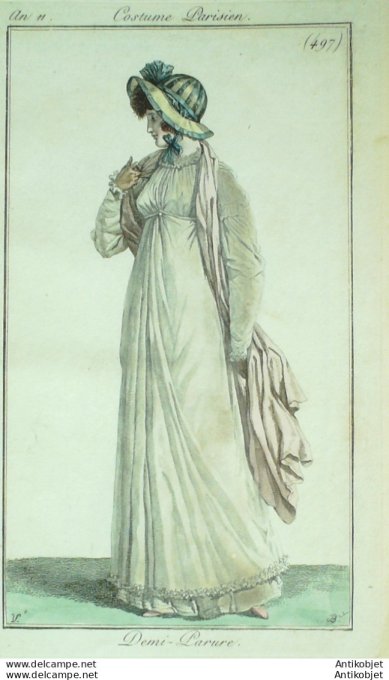 Gravure de mode Costume Parisien 1803 n° 497 (An 11) Demi parure