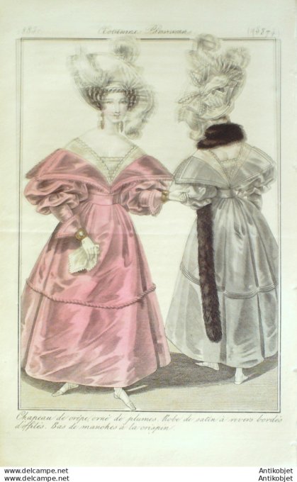 Gravure de mode Costume Parisien 1831 n°2874 Robe de satin à revers bordés