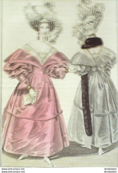 Gravure de mode Costume Parisien 1831 n°2874 Robe de satin à revers bordés