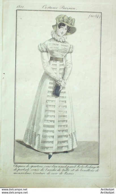 Gravure de mode Costume Parisien 1822 n°2084 Robe Redingote de perkale