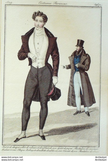 Gravure de mode Costume Parisien 1829 n°2671 Redingote en drap homme