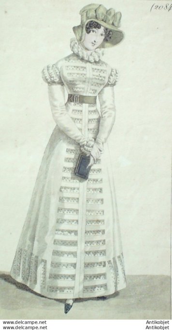 Gravure de mode Costume Parisien 1822 n°2084 Robe Redingote de perkale