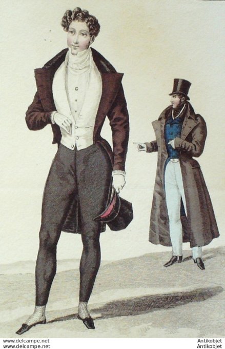 Gravure de mode Costume Parisien 1829 n°2671 Redingote en drap homme