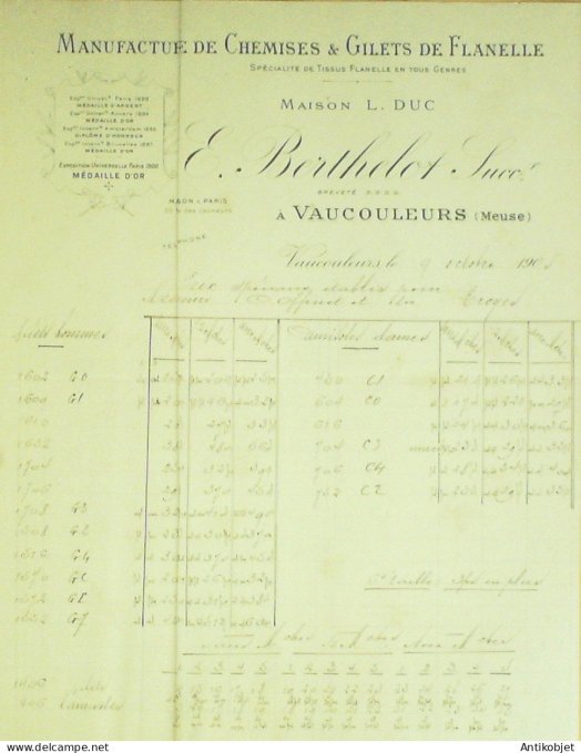 Facture E.Berthelot (Chemises Gilets de flanelle) 1905 à Vaucouleurs (55)