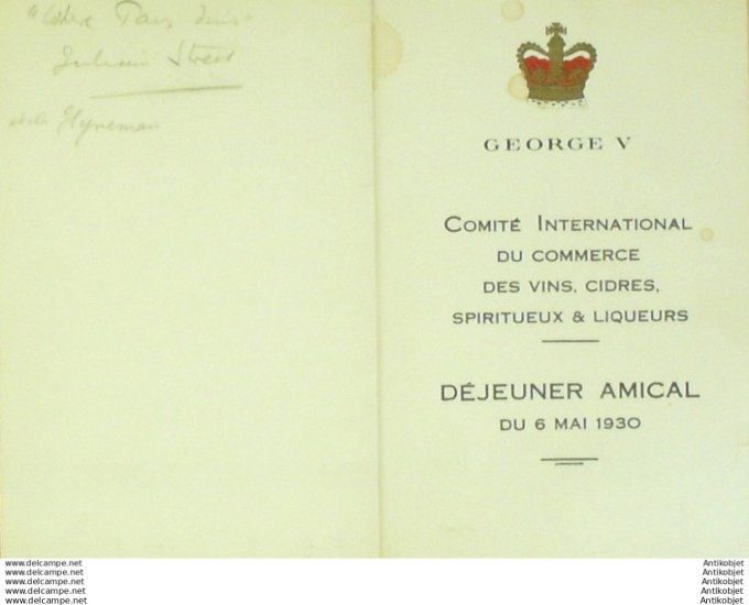 Menu Banquet au George V (Comite intl des vins et spiritueux) 1930