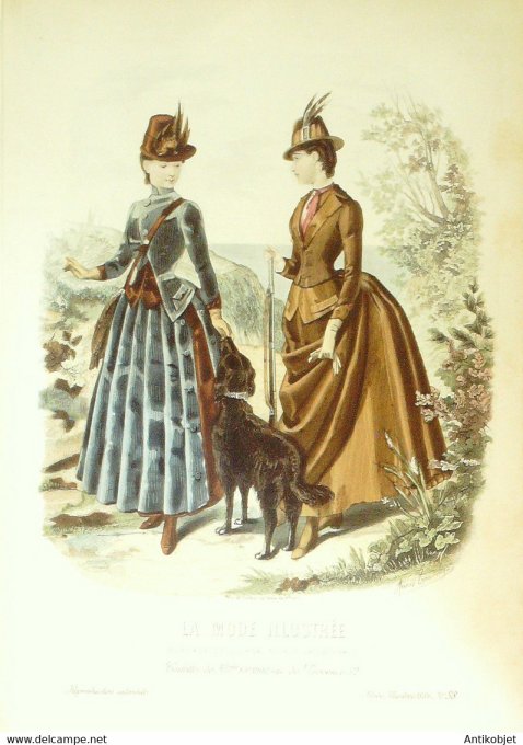 Gravure de mode La Mode illustrée 1886 n°38 (Maison Gradoz) Chasseuse Chien