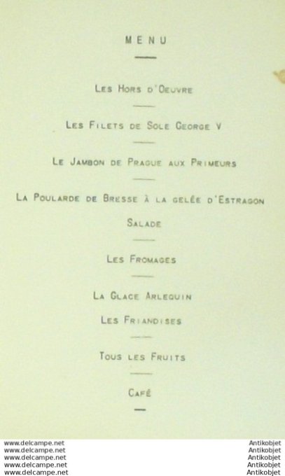 Menu Banquet au George V (Comite intl des vins et spiritueux) 1930