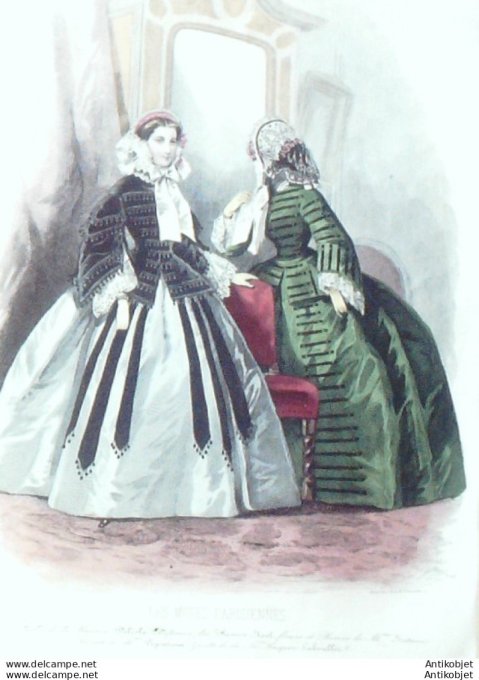 Gravure Les Modes Parisiennes 1853 # 720 Robes velours Maison Delisle
