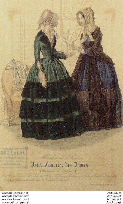 Gravure Mode Courrier des Dames 1844 # 2045 (eau forte old Fashion plate)