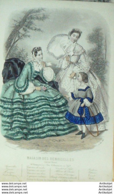 Gravure Mode Magasin Demoiselles 1861 #  5 (aquarellee Old Fashion plate)