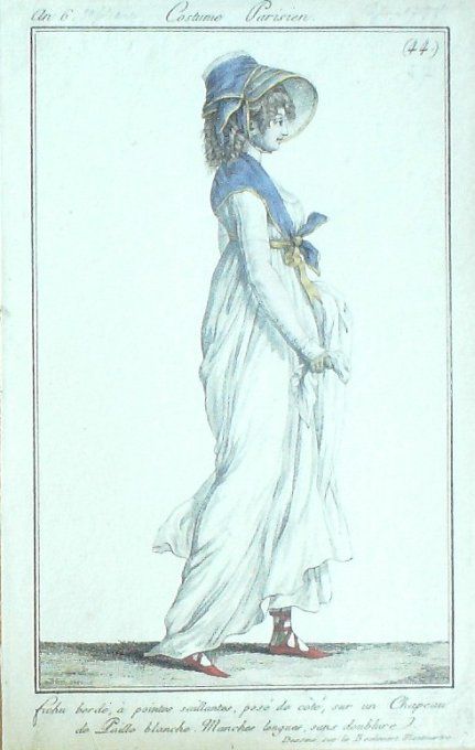 Gravure Mode Costume Parisien 1797 an  6 #  44 (eau forte old Fashion plate