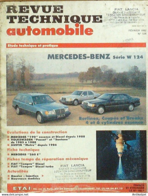 Revue Tech. Automobile 1992 n°536 Mercedes_Benz W124 190 Volkswagen Passat Fiat Tempra
