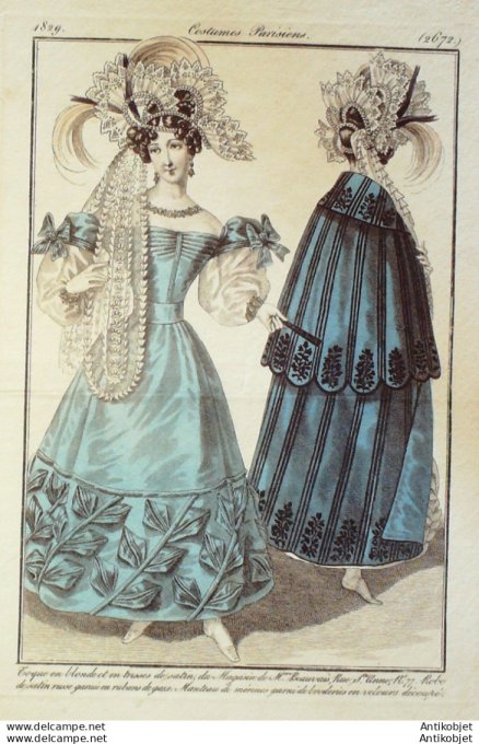 Gravure de mode Costume Parisien 1829 n°2672 Manteau mérinos Robes de satin toque