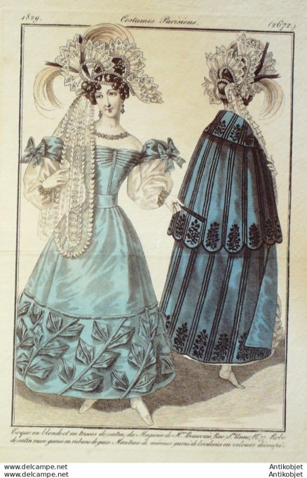 Costume Parisien 1829 # 2672 Manteau mérinos Robes de satin toque