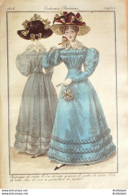 Gravure de mode Costume Parisien 1826 n°2452 Robes de Reps garnies