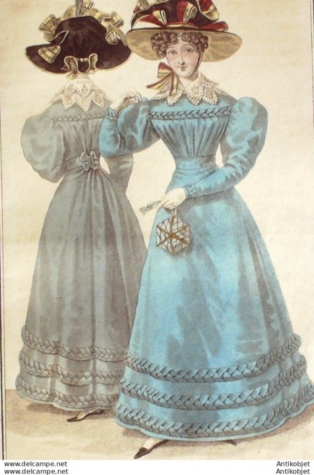 Gravure de mode Costume Parisien 1826 n°2452 Robes de Reps garnies