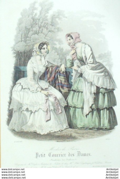 Gravure Mode Courrier des Dames 1851 # 2571 Robes en popeline et perkale