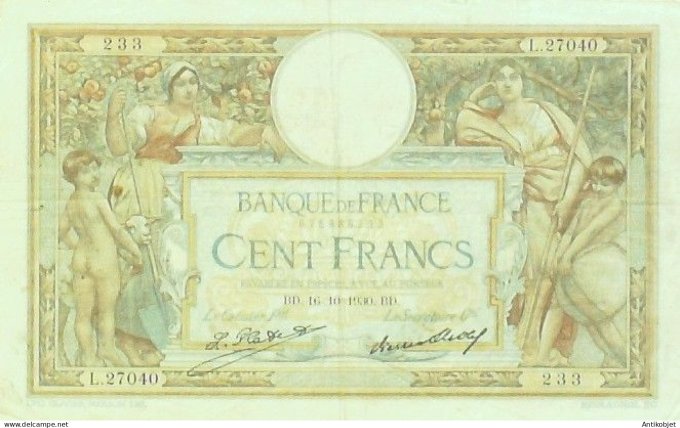 Billet Banque de France 100 francs Luc Olivier Merson Grands Cartouches BD16=10=1930 TTB+