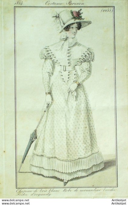 Gravure de mode Costume Parisien 1824 n°2255 Robe mousseline fichu d'Organdy