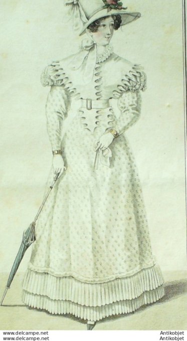 Gravure de mode Costume Parisien 1824 n°2255 Robe mousseline fichu d'Organdy