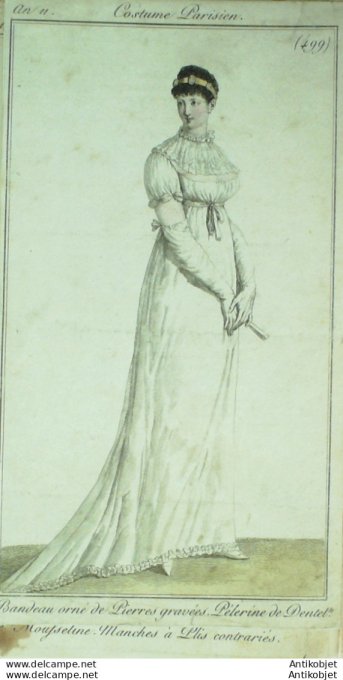 Gravure de mode Costume Parisien 1803 n° 499 (An 11) Pélerine de dentelle