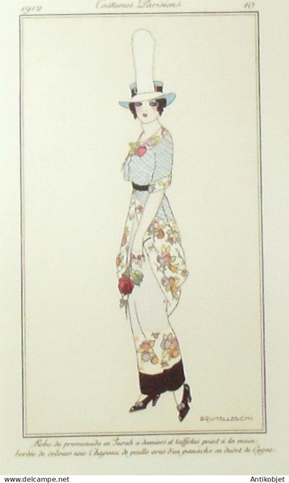 Gravure de mode Costume Parisien 1912 pl.10 BRUNELLESCHI Umberto Robe Sarah