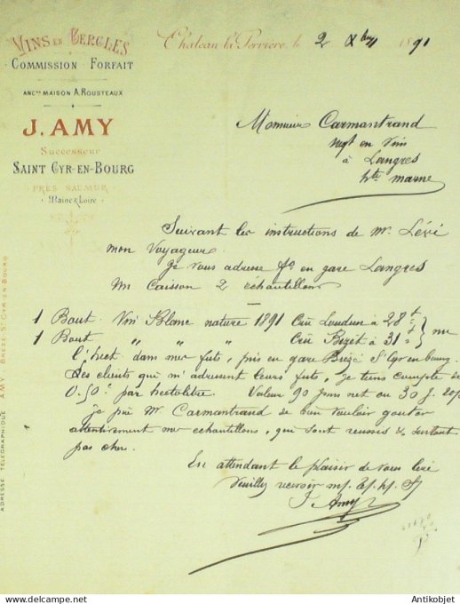 Facture J.Amy (vins en cercles) 1891 à Château la Perrière (49)