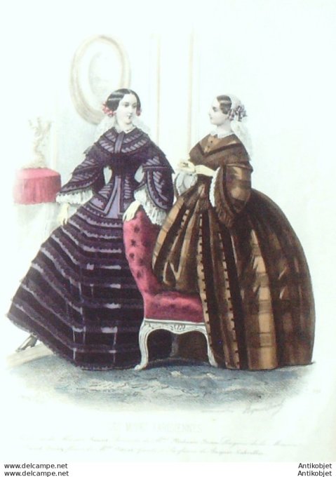 Gravure Les Modes Parisiennes 1854 # 721 Robes velours Maison Fauvet