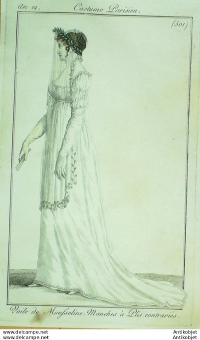 Gravure de mode Costume Parisien 1803 n° 501 (An 12) Manches à plis contrariés