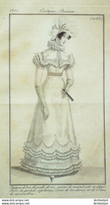 Gravure de mode Costume Parisien 1822 n°2085 Robe perkale à pelerine ornée