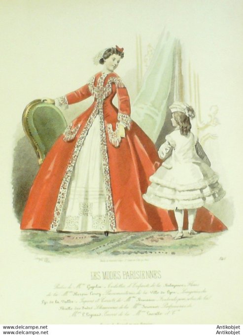 Gravure de mode Les modes parisiennes 1864 n°1145 Robes velours & lin (Maison Cagelin)