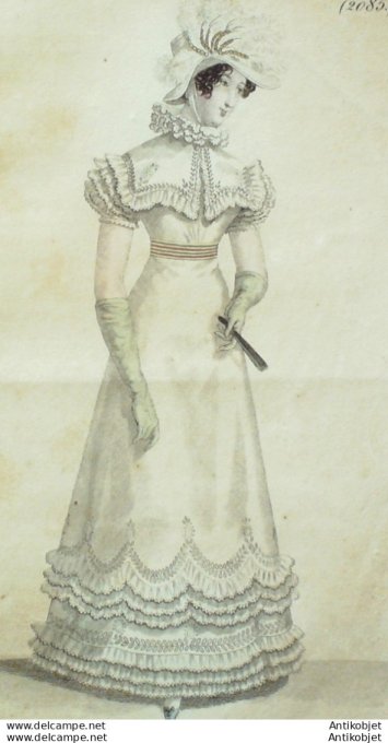 Gravure de mode Costume Parisien 1822 n°2085 Robe perkale à pelerine ornée