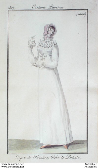 Gravure de mode Costume Parisien 1809 n°1000 Capote Lévantine robe Perkale