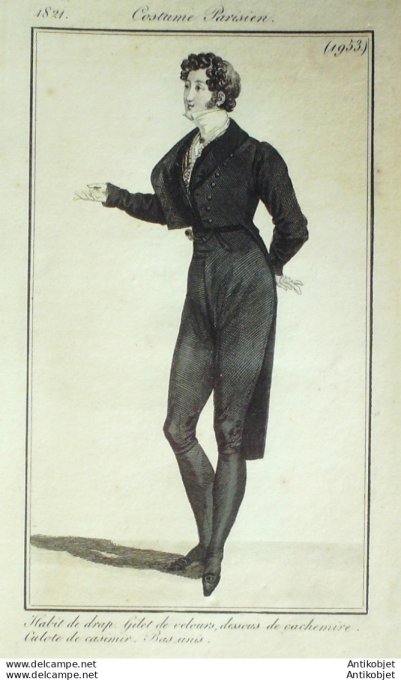 Gravure de mode Costume Parisien 1821 n°1953 Habit de drap homme